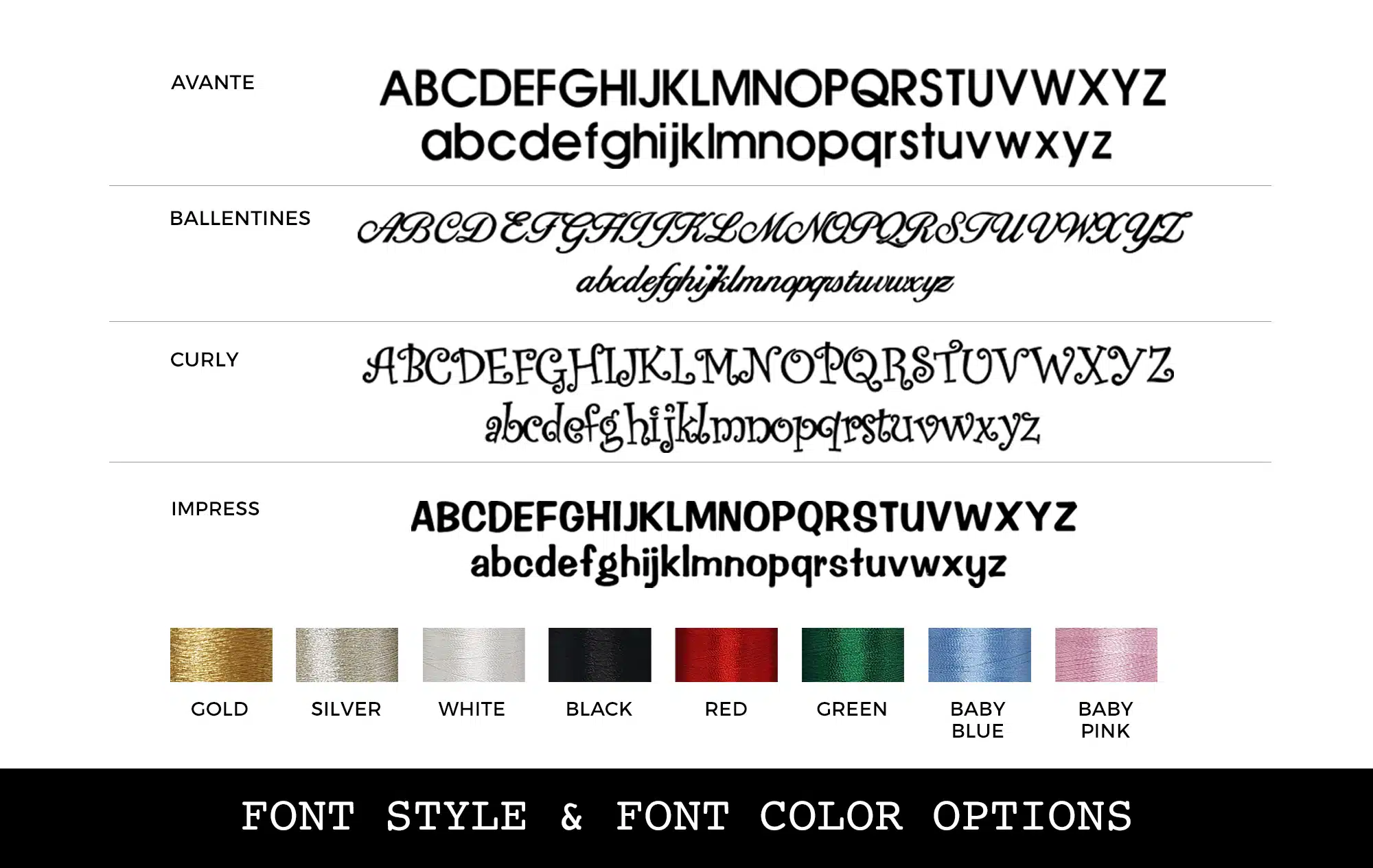 Font styles and the eight thread colours available on personalized Christmas stockings: gold, silver, white, black, red, green, baby blue and baby pink